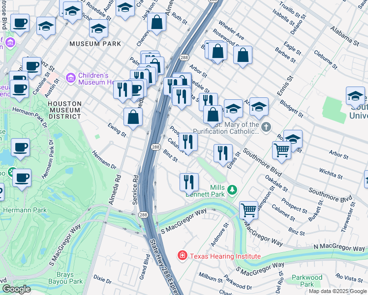map of restaurants, bars, coffee shops, grocery stores, and more near 2502 Calumet Street in Houston