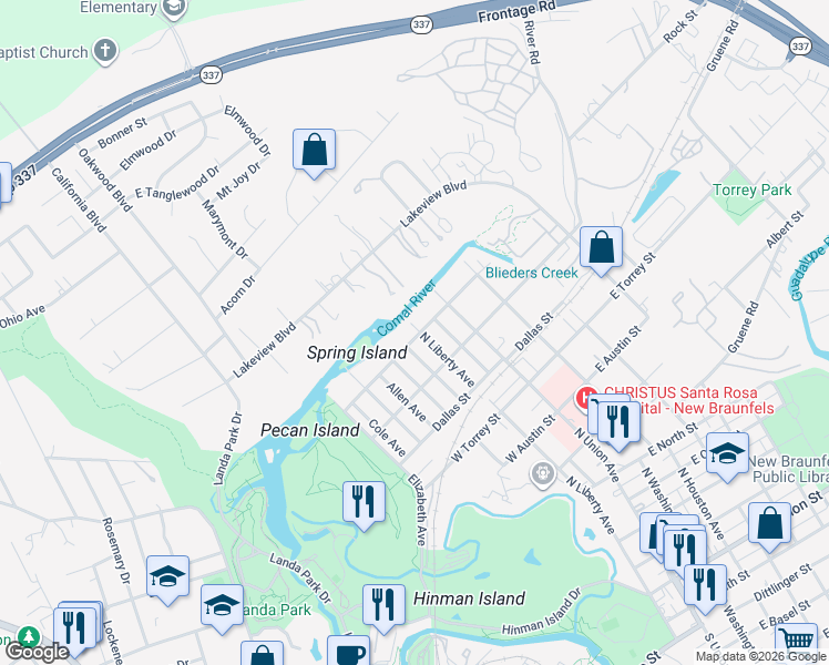 map of restaurants, bars, coffee shops, grocery stores, and more near 314 West Edgewater Terrace in New Braunfels