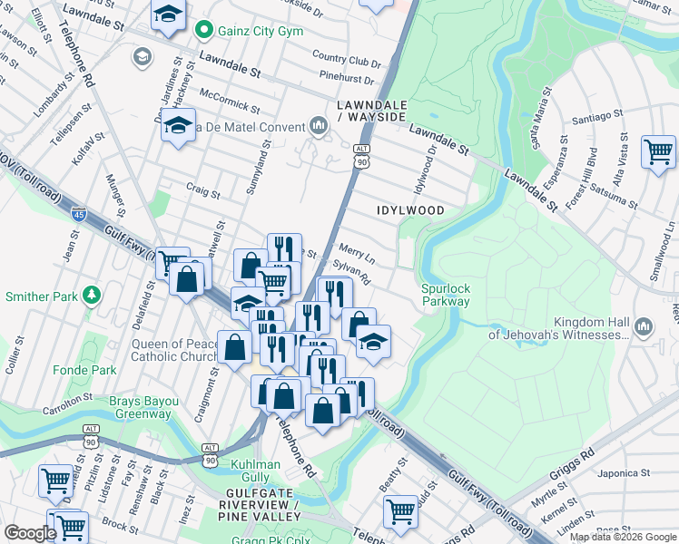 map of restaurants, bars, coffee shops, grocery stores, and more near 6616 Sylvan Road in Houston