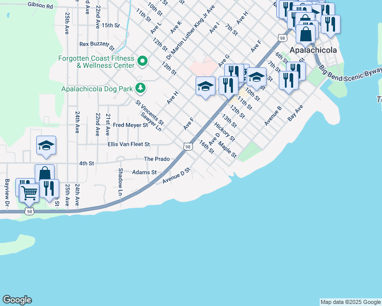 map of restaurants, bars, coffee shops, grocery stores, and more near 58 Saint Vincents Street in Apalachicola
