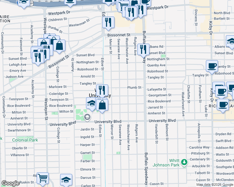 map of restaurants, bars, coffee shops, grocery stores, and more near 3508 Georgetown Street in Houston