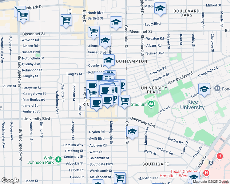 map of restaurants, bars, coffee shops, grocery stores, and more near 5216 Morningside Drive in Houston