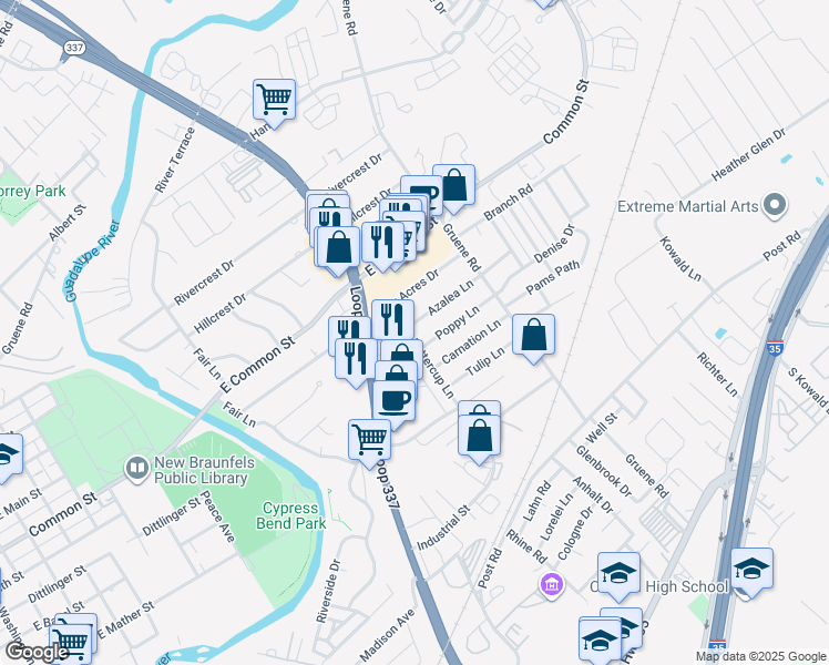 map of restaurants, bars, coffee shops, grocery stores, and more near 1305 Poppy Lane in New Braunfels