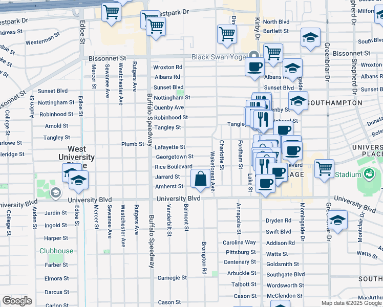 map of restaurants, bars, coffee shops, grocery stores, and more near 2919 Georgetown Street in Houston