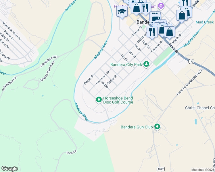 map of restaurants, bars, coffee shops, grocery stores, and more near 302 3rd Street in Bandera