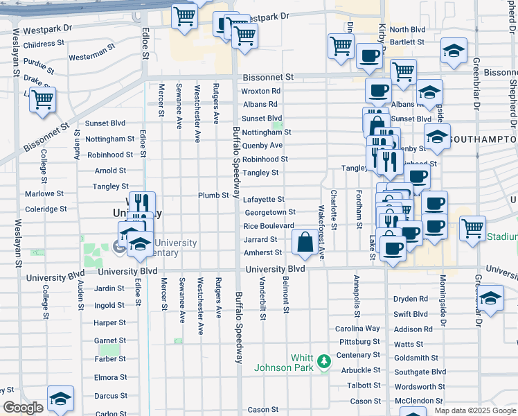 map of restaurants, bars, coffee shops, grocery stores, and more near 3104 Georgetown Street in Houston