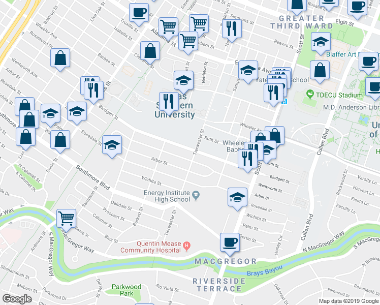 map of restaurants, bars, coffee shops, grocery stores, and more near 3443 Wentworth Street in Houston