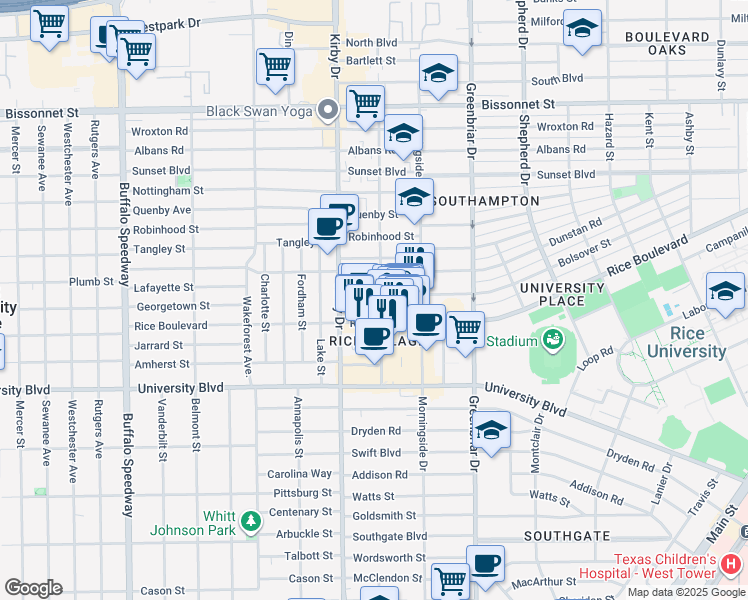 map of restaurants, bars, coffee shops, grocery stores, and more near 5217 Kelvin Drive in Houston