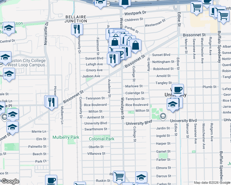 map of restaurants, bars, coffee shops, grocery stores, and more near 4017 Coleridge Street in Houston