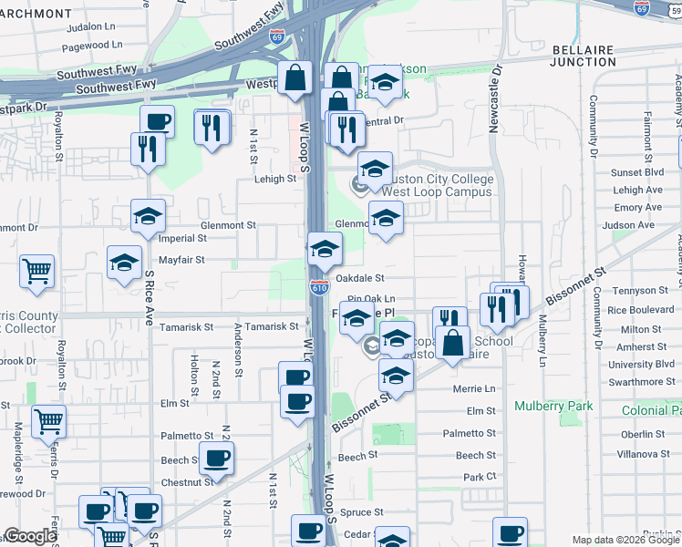 map of restaurants, bars, coffee shops, grocery stores, and more near 4625 Oakdale Street in Bellaire