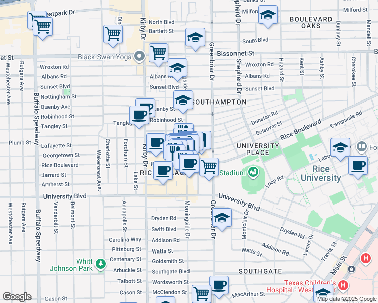 map of restaurants, bars, coffee shops, grocery stores, and more near 5216 Morningside Drive in Houston