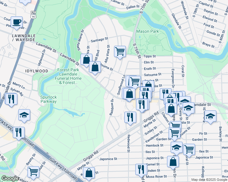 map of restaurants, bars, coffee shops, grocery stores, and more near 1516 Smallwood Lane in Houston