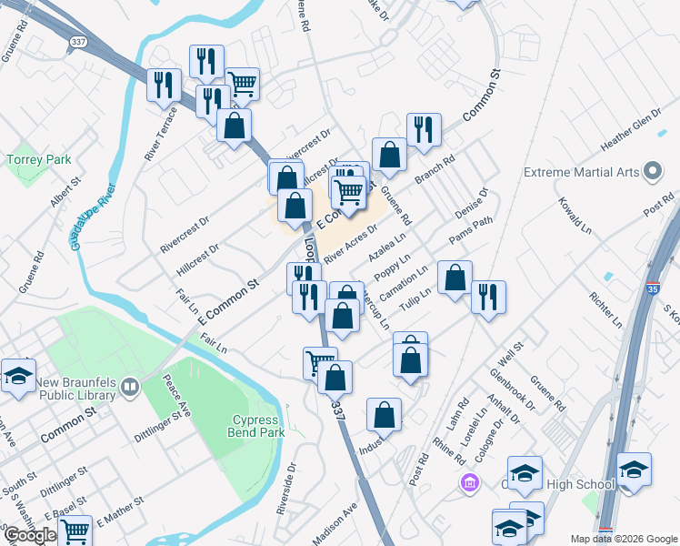 map of restaurants, bars, coffee shops, grocery stores, and more near 876 Texas 337 Loop in New Braunfels