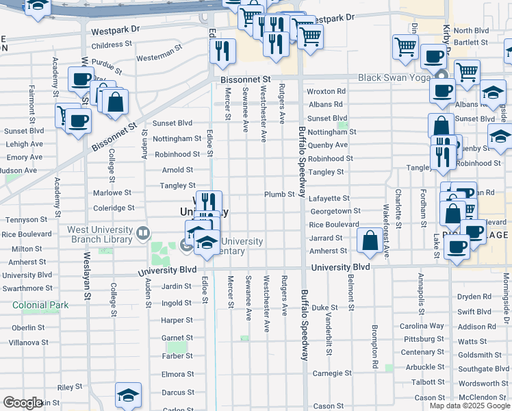 map of restaurants, bars, coffee shops, grocery stores, and more near in Houston