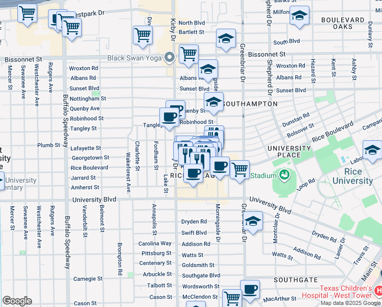map of restaurants, bars, coffee shops, grocery stores, and more near 2476 Bolsover Street in Houston