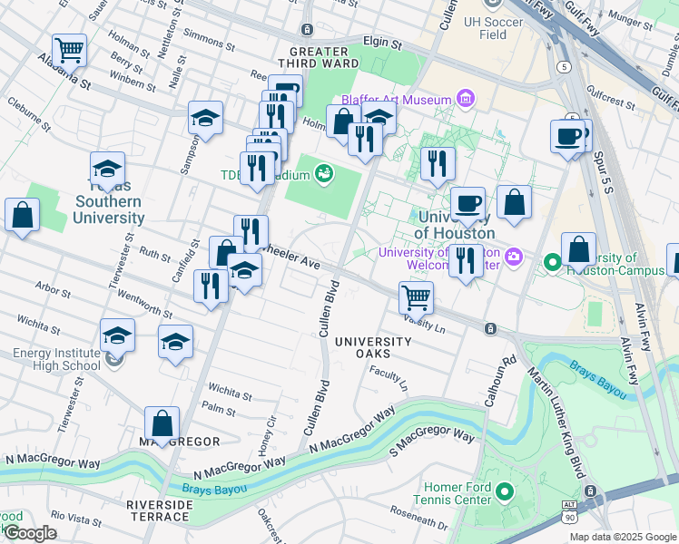 map of restaurants, bars, coffee shops, grocery stores, and more near Cullen Blvd & Wheeler Ave in Houston