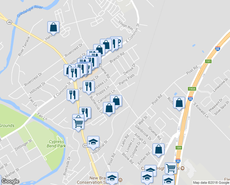 map of restaurants, bars, coffee shops, grocery stores, and more near 1342 Carnation Lane in New Braunfels