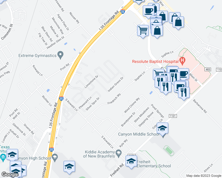 map of restaurants, bars, coffee shops, grocery stores, and more near 239 Indian Grass Drive in New Braunfels