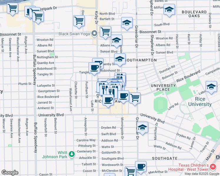 map of restaurants, bars, coffee shops, grocery stores, and more near 5217 Kelvin Drive in Houston