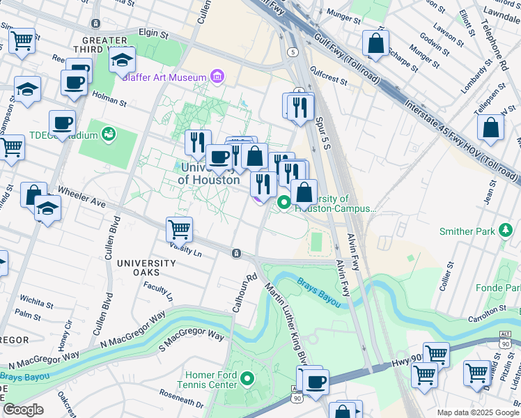 map of restaurants, bars, coffee shops, grocery stores, and more near 4800 Calhoun Road in Houston