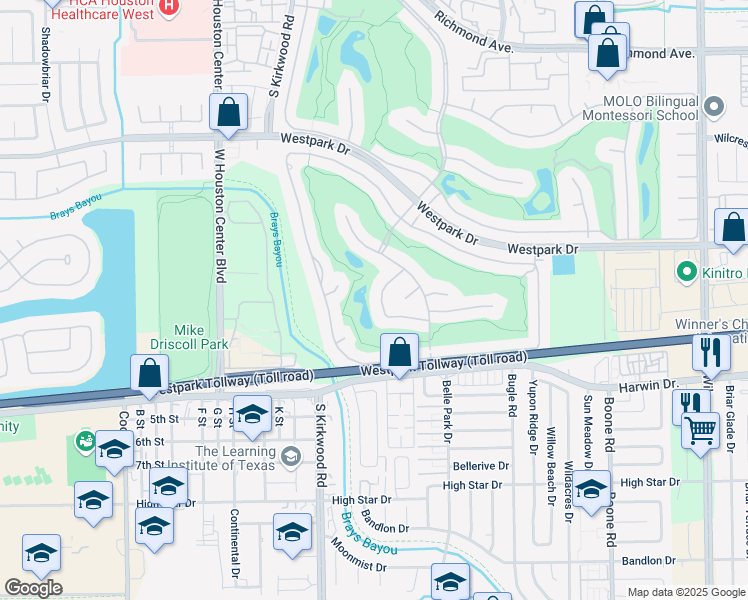 map of restaurants, bars, coffee shops, grocery stores, and more near 3606 Saint Tropez Way in Houston