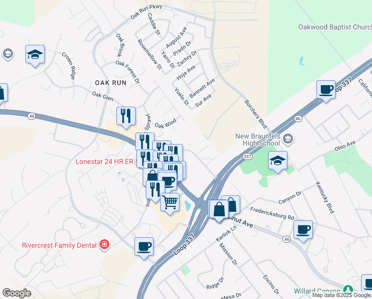 map of restaurants, bars, coffee shops, grocery stores, and more near 1649 Independence Drive in New Braunfels