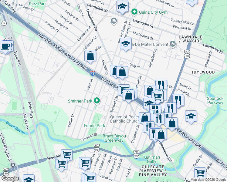 map of restaurants, bars, coffee shops, grocery stores, and more near 2322 Delafield Street in Houston