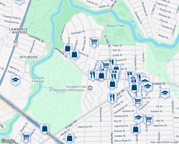 map of restaurants, bars, coffee shops, grocery stores, and more near 1516 Smallwood Lane in Houston