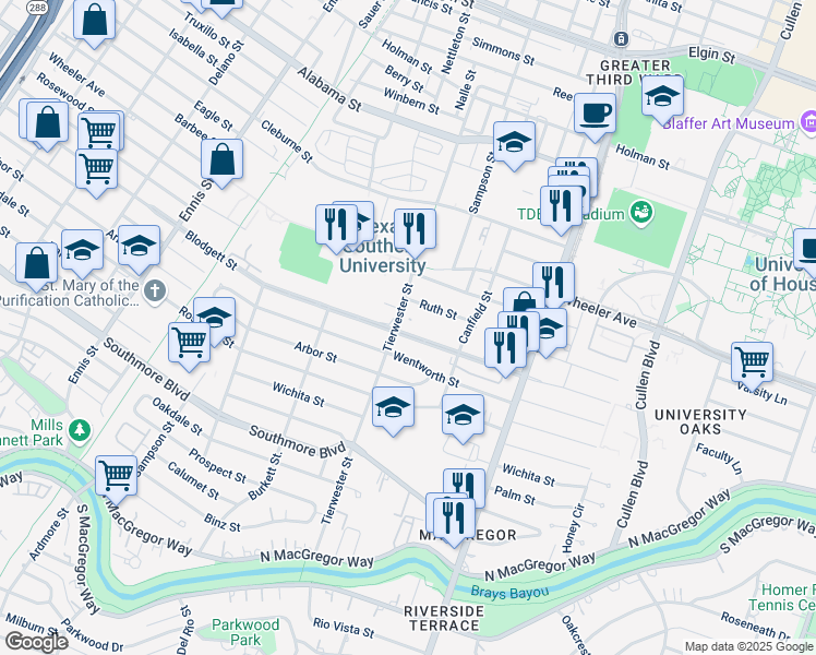 map of restaurants, bars, coffee shops, grocery stores, and more near 3515 Wentworth Street in Houston