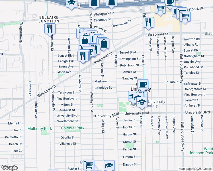 map of restaurants, bars, coffee shops, grocery stores, and more near 3825 Coleridge Street in Houston