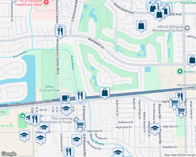 map of restaurants, bars, coffee shops, grocery stores, and more near 3606 Saint Tropez Way in Houston