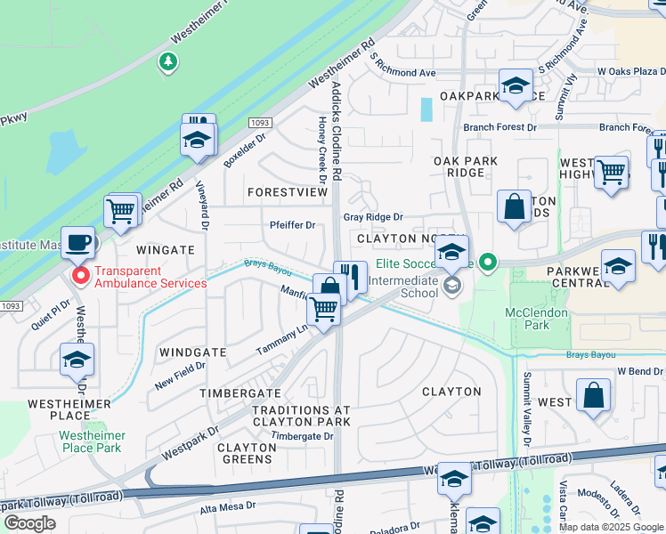 map of restaurants, bars, coffee shops, grocery stores, and more near 15707 Timber Rock Drive in Houston
