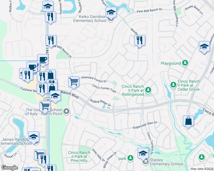 map of restaurants, bars, coffee shops, grocery stores, and more near 4815 Cinco Forest Trail in Katy
