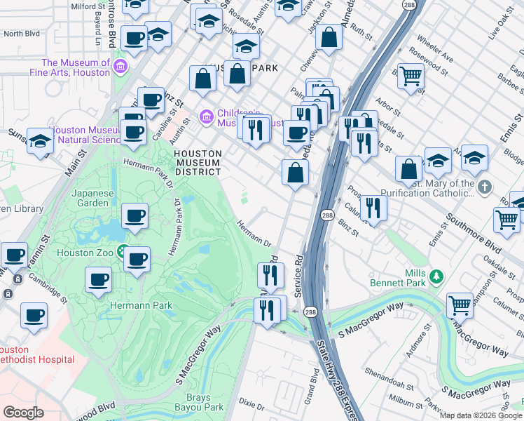 map of restaurants, bars, coffee shops, grocery stores, and more near Hermann Museum Circle Drive in Houston