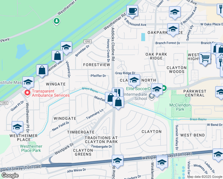 map of restaurants, bars, coffee shops, grocery stores, and more near 15707 Timber Rock Drive in Houston