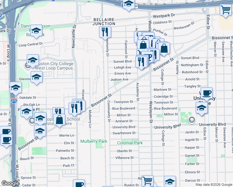 map of restaurants, bars, coffee shops, grocery stores, and more near 4229 Coleridge Street in Houston