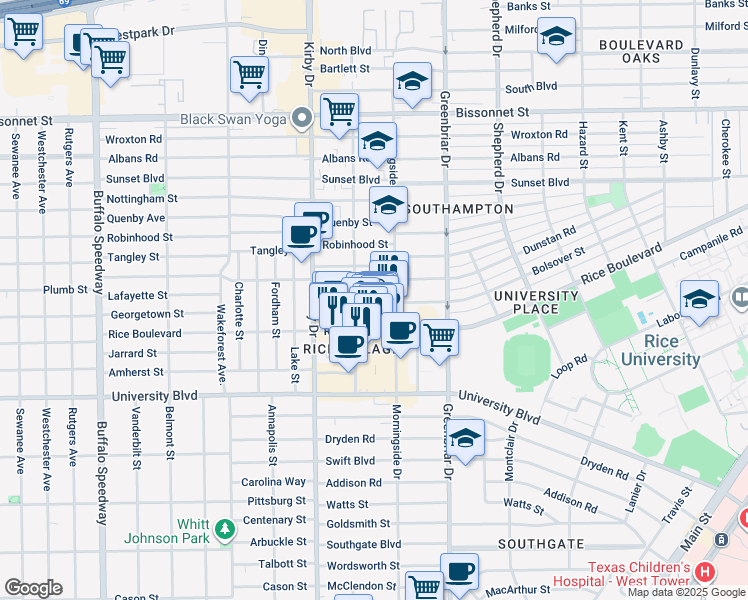 map of restaurants, bars, coffee shops, grocery stores, and more near 2455 Dunstan Road in Houston
