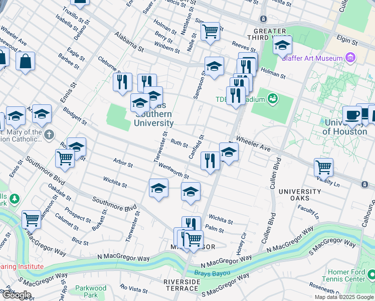 map of restaurants, bars, coffee shops, grocery stores, and more near 3545 Blodgett Street in Houston