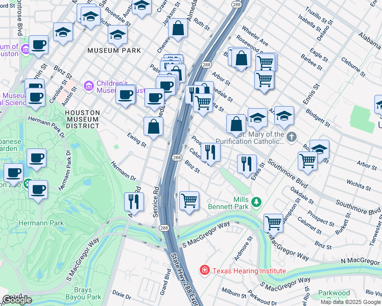 map of restaurants, bars, coffee shops, grocery stores, and more near 2502 Calumet Street in Houston