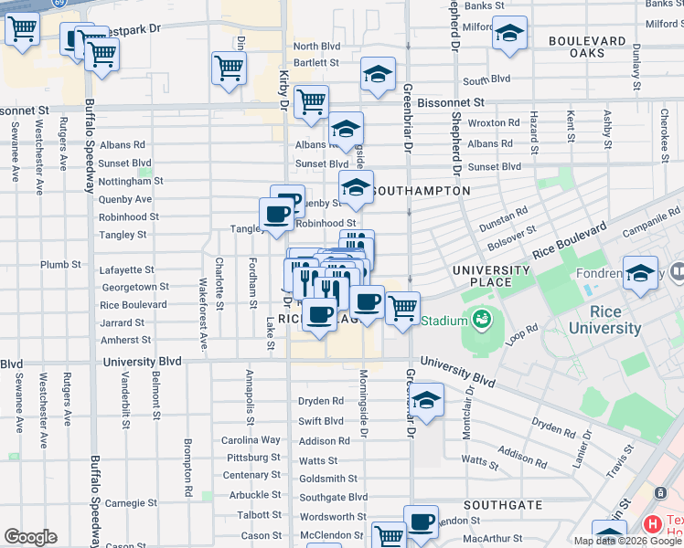 map of restaurants, bars, coffee shops, grocery stores, and more near 5217 Kelvin Drive in Houston