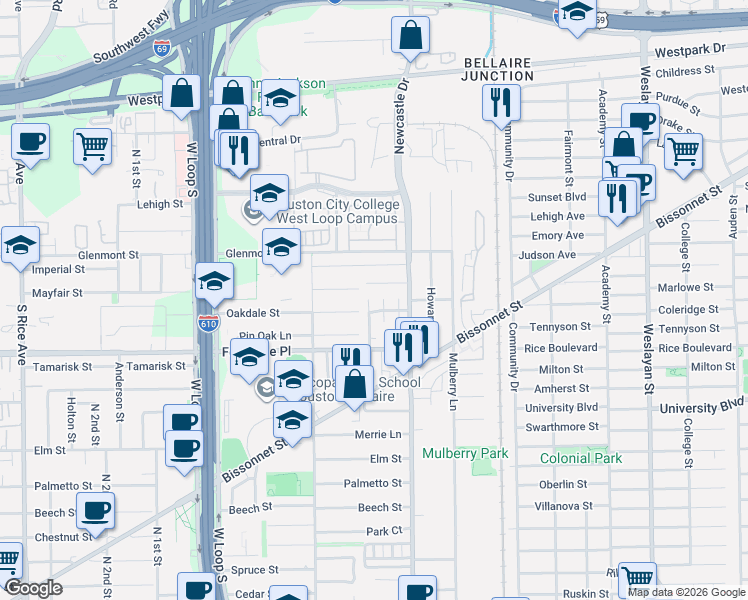 map of restaurants, bars, coffee shops, grocery stores, and more near 5619 Saint Moritz Street in Bellaire