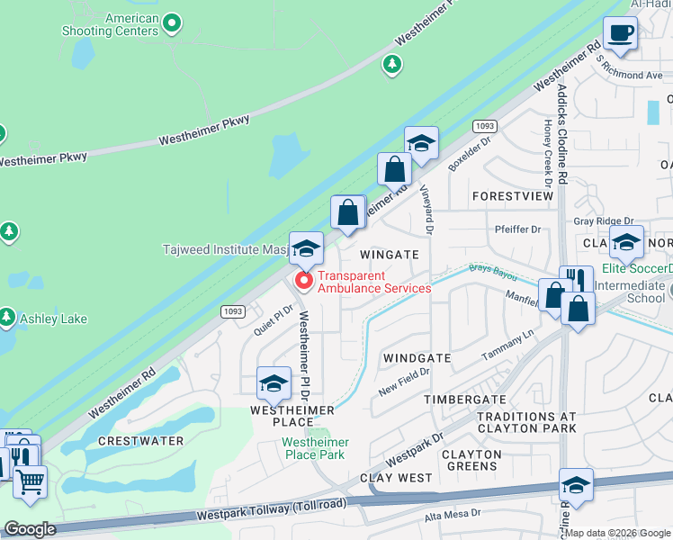 map of restaurants, bars, coffee shops, grocery stores, and more near 3702 Wingate Park Drive in Houston