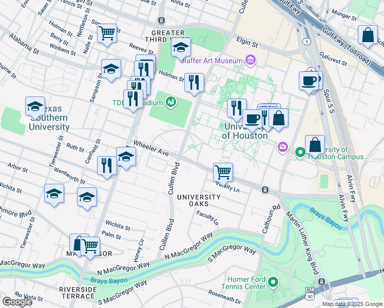 map of restaurants, bars, coffee shops, grocery stores, and more near 4202 Wheeler Avenue in Houston