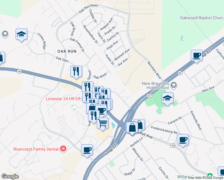 map of restaurants, bars, coffee shops, grocery stores, and more near 1649 Independence Drive in New Braunfels