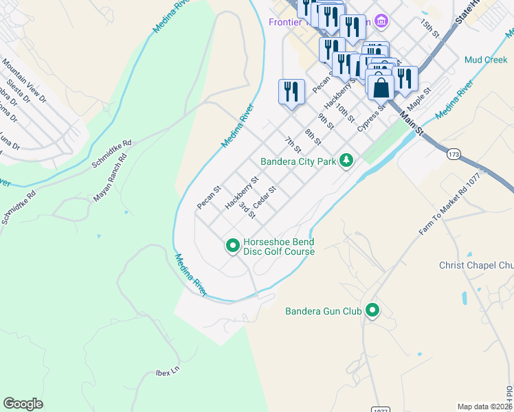 map of restaurants, bars, coffee shops, grocery stores, and more near 302 3rd Street in Bandera