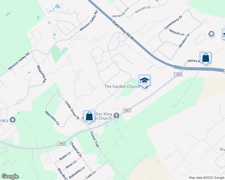 map of restaurants, bars, coffee shops, grocery stores, and more near 25 Horseshoe Trail in New Braunfels