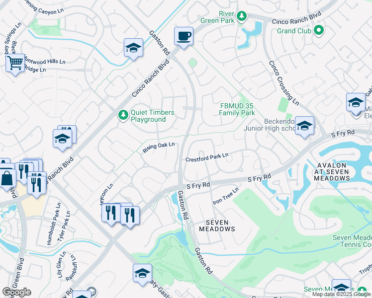 map of restaurants, bars, coffee shops, grocery stores, and more near 5502 Plumero Meadow Drive in Katy