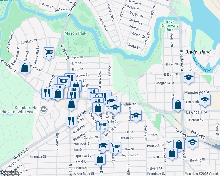 map of restaurants, bars, coffee shops, grocery stores, and more near 747 Evergreen Drive in Houston