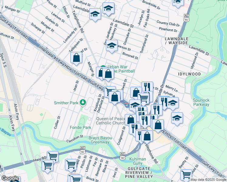 map of restaurants, bars, coffee shops, grocery stores, and more near 5512 Gulf Freeway in Houston