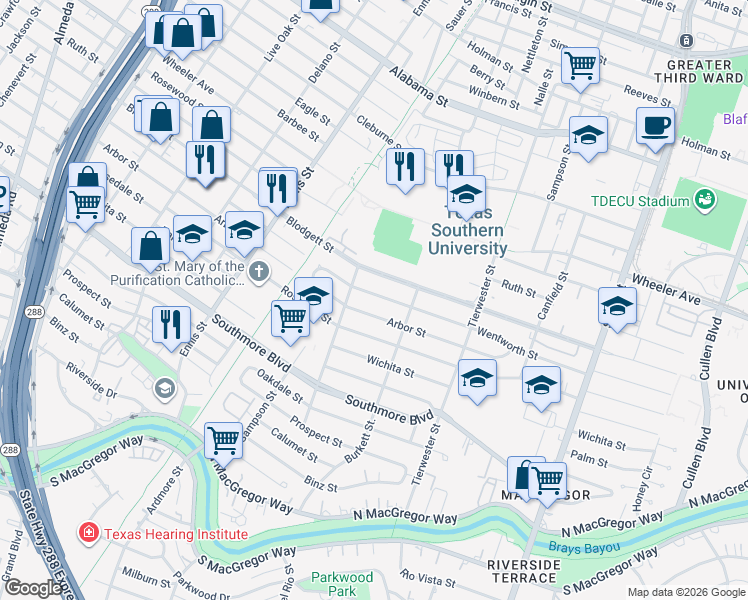 map of restaurants, bars, coffee shops, grocery stores, and more near 3314 Arbor Street in Houston